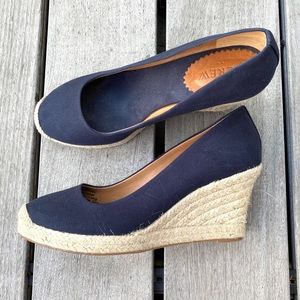 NWOT J CREW Navy Blue Canvas Wedge Espadrille Slip on Shoes Women's Size 7.5
